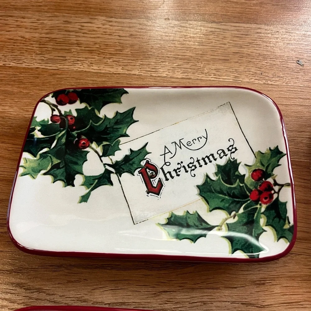 Williams Sonoma 2012 Vintage Christmas Postcard Plates Set Of 4 Holly 7×5 Tray
